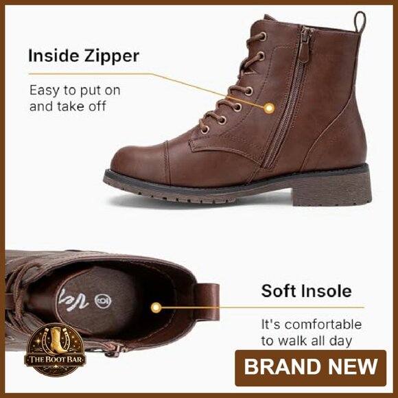 Women's Ankle Boots Lace Up Combat Booties Low Heel Fashion - Picture 4 of 8